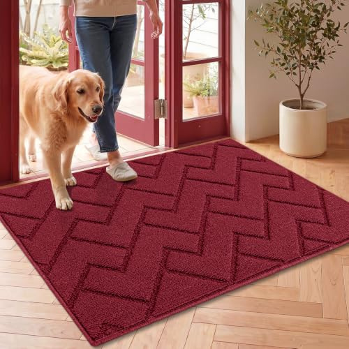 Biscpro Door Mat 60x90cm,Indoor DoorMat Washable,Doormat Indoor Dirt Trapper Non-slip,Absorbent Inside Entrance Rug Floor Mat for Entryway,Patio,Garden,Laundry Room,Pets - Red