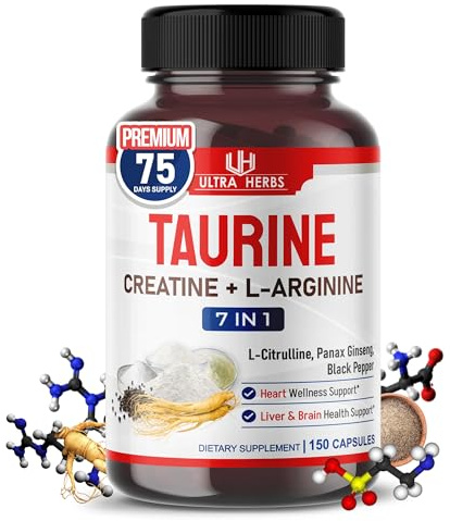 Taurine Supplement enriched with Creatine, L-Arginine, L-Citrulline, Panax Ginseng | Taurine Capsules for Heart Wellness, Nervous System, Brain & Eye Health | 150 Capsules