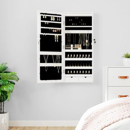 GuyAna Spiegel-Schmuckschrank mit LED-Beleuchtung Wandmontage Weiß Kosmetik Schmuckaufbewahrung Organizer SchmuckstäNder