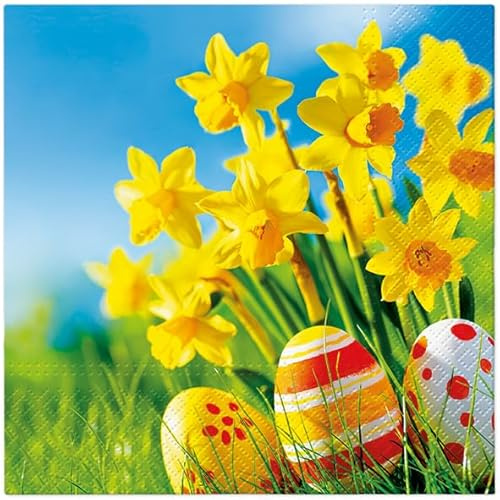 20 Servietten Ostern Ostereier unter Narzissen als Tischdeko. Papierservietten mit Motiv. Auch für Decoupage und Serviettentechnik 33x33cm