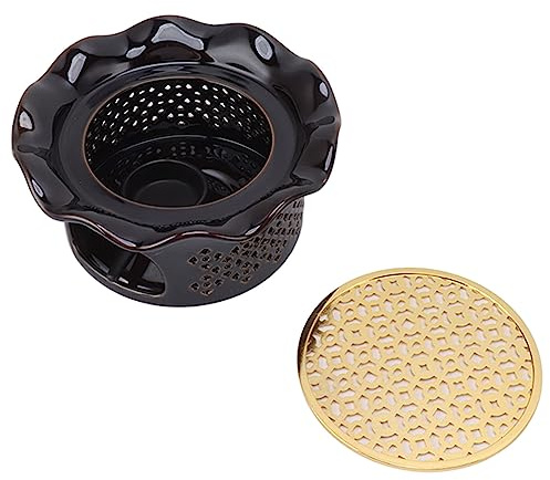 Chauffe-théière en Alliage de Céramique, avec Support pour Bougie Chauffe-Plat, Design à Volants Ajourés, Noir, Cuivre et Marron