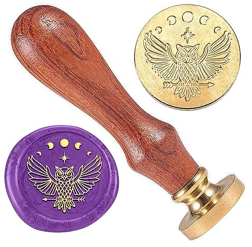 DELORIGIN Wachs Siegelstempel Mit Eulenmotiv Wachsstempel Im Retro Stil Mit Mondphasen 25 mm Abnehmbarer Stempelkopf Aus Messing Mit Holzgriff Für Einladungen Geschenkverpackungen Briefumschläge