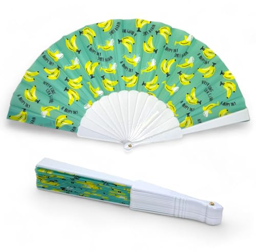 MIJOMA Faltbarer Handfächer - Ultraleicht, Wasserabweisend für Sommerparty & Hochzeit, Farbenfrohes Design, 42x23cm (Happy Day Bananen Weiß)