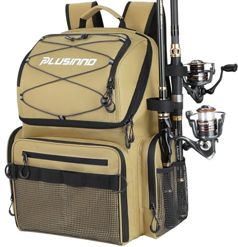 PLUSINNO Fishing Backpack with Rod Holders & Cooler, 45L Large Water-resistant Tackle Backpack Store Fishing Gear For Camping, Hiking, Gifts for Men Father