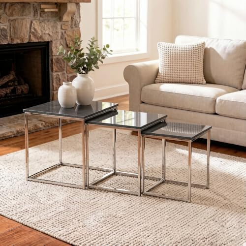 Homullel Quadratische Beistelltische 3er Set, Satztische fürs Wohnzimmer Couchtisch Wohnzimmertisch Set, Hochglanz Optik, Verchromtes Metallgestell, Stapelbar (Grau)
