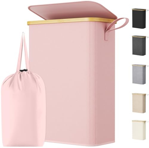 Lifewit 50L Slim Laundry Basket with Lid, Narrow Laundry Bin with Removable Bag & Bamboo Handles, Foldable Thin Dirty Clothes Hamper for Laundry, Bathroom, Bedroom, Dorm (Pink)