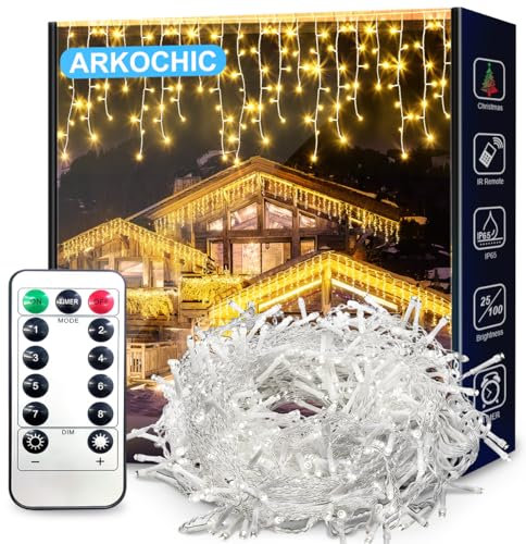 ARKOCHIC Lichterkette Eisregen Außen, 10M 400er LED Lichtervorhang, IP65 wasserdicht 8 Modi für Innen Außen Weihnachten, Schlafzimmer, Party, Hochzeit, Balkon, Garten Deko (Warmweiß)