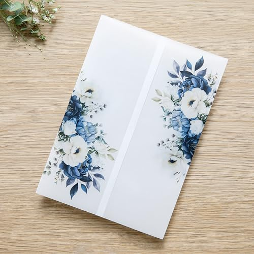 PONATIA 50PCS Vellum Jackets for 5x7 Invitation Cards- 135GSM Dusty Blue Flowers Vellum Sleeves, Wedding Invitations Wraps - Transparent Christmas Gift Cards Jackets