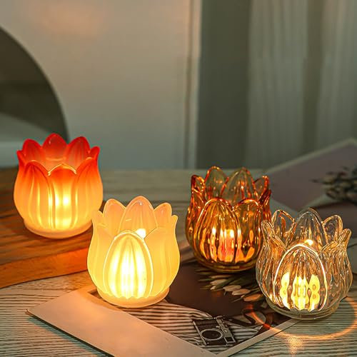 Lot de 4 Bougeoirs en Forme de Tulipe, Bougeoirs Votifs, Photophores en Cristal, Photophore en Verre coloré, Bougeoirs pour Mariage, Dîner, Fête, Noël, Maison