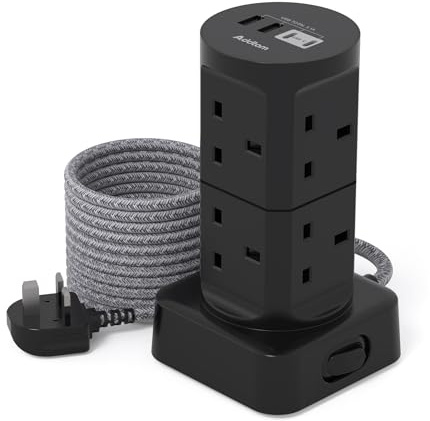 Tower Extension Lead with USB Slots, (13A 3250W), 8 Way Multi Plug Extension Tower & 4 USB Ports (2 Type C), 3M Extension Cable, Extension Lead tower for Home Office School Supplies (Black)