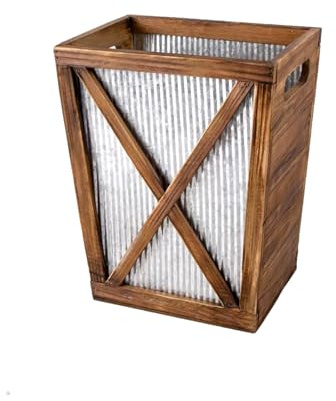 Venalys Small Wood Trash Can Wastebasket, Decorative Barn Door Garbage Can Waste Basket, Rustic Distressed Rectangular Trash Bin, Farmhouse Wooden Storage Basket Waste Paper Bin (Brown)