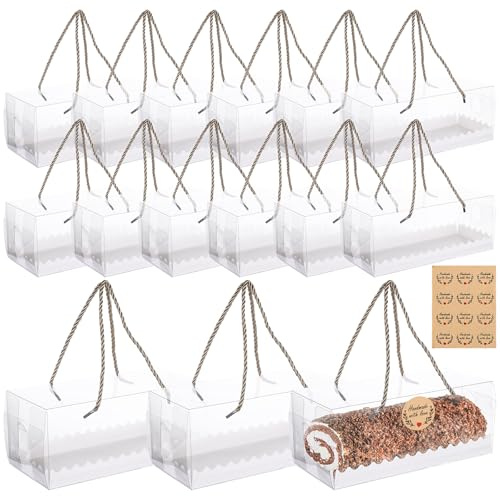 Oungy 15Pcs Clear Swiss Roll Cake Boxes, 24 x 11 x 10CM Rectangle Swiss Roll Boxes Cake Boxes, Macaron Box Swisses Rolls Container with Golden Handles & Stickers for Muffin, Cupcake