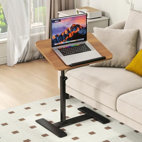 Beistelltisch mit Rollen Höhenverstellbar, 360°Drehbar C Form Couch Beistelltisch, Holz Mobiler Laptop Stand TV Kleiner Tisch für Sofa/Bett, Flip-Top&Rotierend Laptoptisch für Wohnzimmer (Holzfarbe)