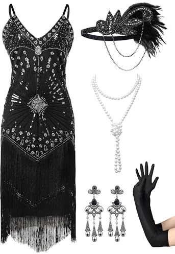 RRYIO Women's Flapper Dresses 1920s,Great Gatsby Dresses Sequin Fringe Cocktail Dress Roaring 20s Dress for Harlem, Black Silver, Medium
