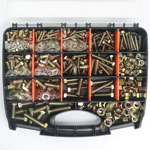Quibbay 976pcs Nuts and Bolts Assortment Kit, Grade 8.8 Metric Bolt Assortment with Assorted Nuts and Washers, Heavy Duty M6 M8 M10 M12 Hex Bolts and Nuts Kit, Yellow Zinc Plated, Length from 16-50mm
