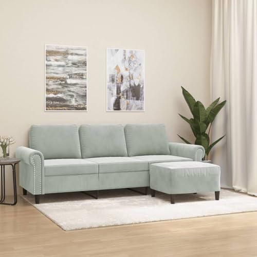 YuuSsea 3-sitsig soffa ljusgrå 180 cm, sammetstyg, med pall, robust ram för vardagsrum, sovrum, bekväm lounging