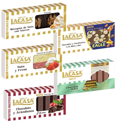 Pack Surtido 5 Turrones Lacasa:Mazapán de Nata con Nueces, Chocolate y Arándanos, Nata y Fresa, Chocolate estilo Dubai,Cacahuete Eagle