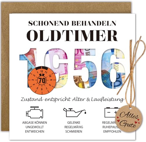 WenmthG Geldgeschenke Geburtstag 70 mit Umschlag, Karte 70 Geburtstag Mann - Lustig Geschenke zum 70 Geburtstag Mann - Schonend Behandeln 1956 Oldtimer