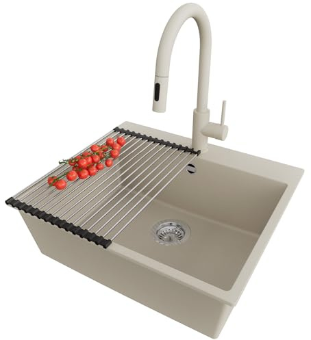 PRIMAGRAN Fregadero Granito al Mueble 60cm + Grifo, 58x50cm | Set: Grifo BW9010 + Kit de desagüe + Enrollable Escurridor + Riga 1 Seno para Cocina, Beige