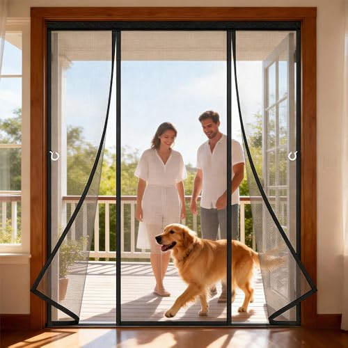 Double Door Magnetic Fly Screen with Stay Open Hooks Heavy Duty Bug Mesh Curtain with Powerful Magnets and Full Frame Hook&Loop Flyscreen French Doors Automatically Closes