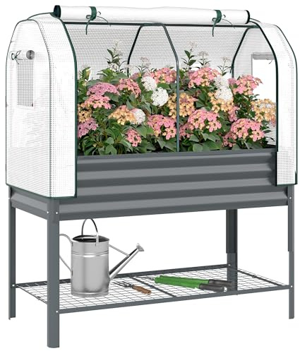 Outsunny Hochbeet mit Frühbeetaufsatz aus Metall 120x55x140cm Dunkelgrau | Pflanzkasten mit Gewächshaus, Ablagefach, Erhöhtes Frühbeet Pflanzbeet, Hochbeet mit Abdeckung, Garten Balkon Terrasse