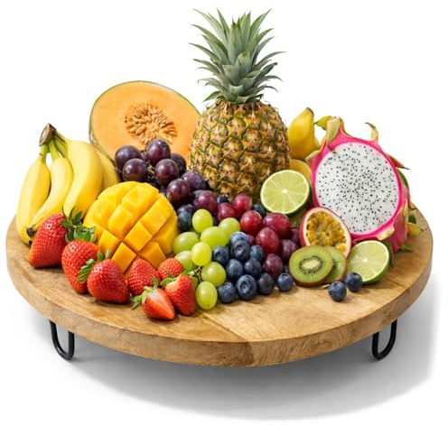 com-four® Bandeja de Madera Ø 38,5 cm de Madera de Mango, Plato de Presentación con Patas Metálicas, Fuente Apta para Alimentos, Frutero Decorativo (Cuenco redondo XXL - madera de mango)