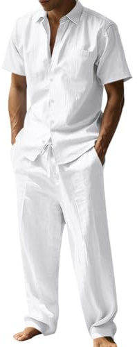 Oanviso Hombre 2 Piezas de Algodón y Lino Camisa Manga Corta Moda Camiseta + Pantalones de Playa Deportivos Pantalón Completo Casual Traje Conjuntos Primavera Verano