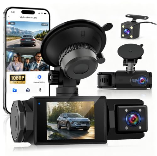 Dashcam 3 Full HD-kanaler, Mini Bilkamera med WiFi, App, Rörelsesensor | 2-tums IPS-skärm med avancerad mörkerseende WDR, Loop-inspelning, Wi-Fi-app Viidure, parkeringsövervakning H24