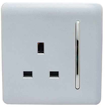Trendi 1 Gang Raised Artistic Modern Glossy Screwless 13 Amp Single Pole with Chrome Switched UK Standard Electrical Double Wall Plug Socket in Platinum Silver - ART-SKT13SI