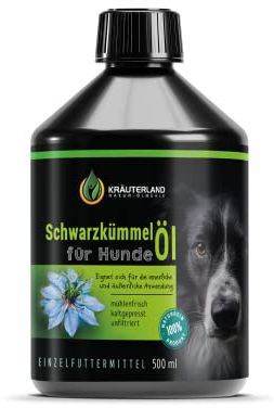 Kräuterland Schwarzkümmelöl für Hunde 500ml - kaltgepresst, ungefiltert, nativ - Schwarzkümmel Öl zur Fütterung & Fellpflege - Barf Öl in Premium Qualität