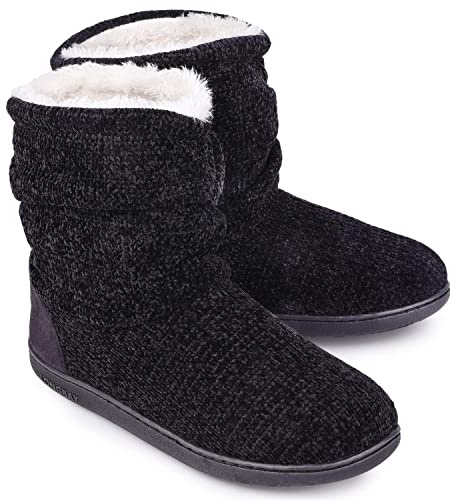 LongBay Ladies Bootie Slippers Memory Foam Fur Collar Bootee Plush Lined Women Boots with Non Skid Indoor Outdoor Sole, 7/8 UK, New Black