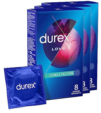 Durex Love Kondome – Kondome mit schmaler Passform - für ein sicheres Gefühl durch festeren Sitz – 24 Stück (3 x 8 Stück)