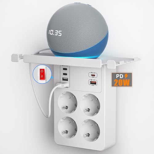 PD20W Presa Multipla Salvaspazio con Interruttore,Ciabatta Elettrica USB,Multipresa Parete con Ricarica Rapida PD3.0 e QC18W,Adattatore Presa 4 Prese Schuko e 6 USB Caricatore,Ruotabile Spina,Bianco
