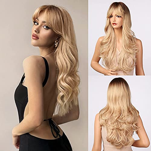Honygebia blond peruk med lugg – lång wvay ombre blond peruk för kvinnor, syntetiskt värmebeständigt naturligt utseende blont hår – bästa peruker för halloween/maskeradklänning/cosplay/fest