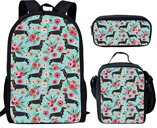 Binienty Modische Schultasche 3-in-1 für Kinder, Jungen, Mädchen, Rucksack + Lunch-Tasche + Federmäppchen, Schwarz Dackel Blume, Einheitsgröße,