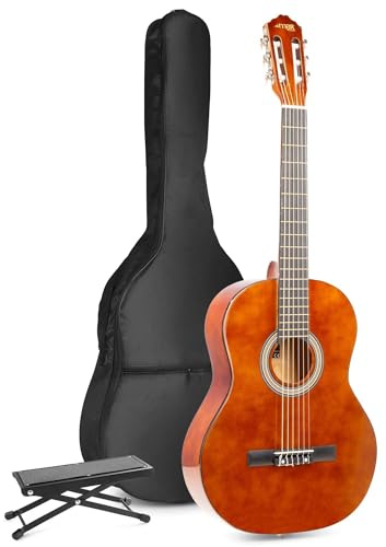 MAX SoloArt Konzertgitarre 4/4, Akustik Gitarre für Anfänger mit Tasche, Fußstütze, Stimmgerät, Plektrum, Gurt und Zubehör, Acoustic Guitar, Akustikgitarre in Holz Braun