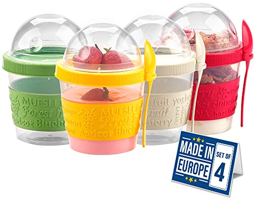 Crystalia Reusable Yogurt Cups with Lids Set of 4 500ml BPA Free Breakfast On The Go Travel Container, Dishwasher Safe Fruit Container with Screw Lid, Yoghurt Pots Overnight Oats Jar, Parfait Cups