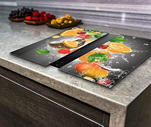 Hob Cover Induction Electric Cooker Chopping Board Glass, Fruits in the Water on the Grey Background, Set of 2, Va Art Glass (2x wide 30 x height 52 /cm)