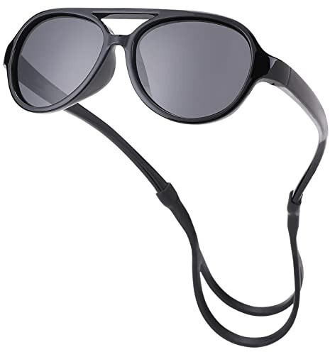 COASION Baby Polarized Sunglasses Flexible Rubber Shades with Adjustable Strap for Infant Toddler Boys Girls Ages 0-24 Months (Black/Grey)