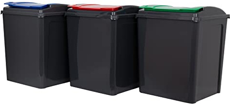Wham 3 Piece 50L Plastic Recycle Bin Graphite/Assorted (Red/Blue/Green Lids)