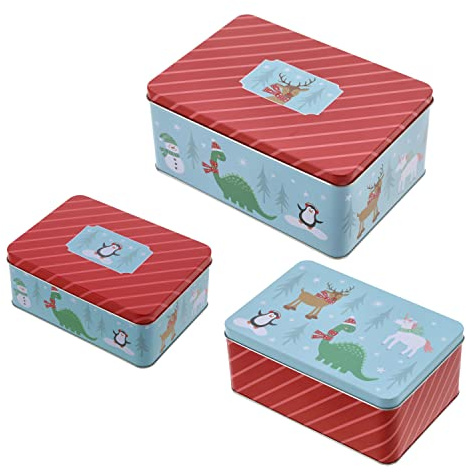 Cepewa Gebäckdose 3er Set Dinosaurier | Dinos 3 Größen rund Metall | Aufbewahrung Weihnachtsgebäck Keksdose (1x 3er Set Gebäckdose Dinos)
