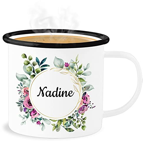 Emaille Becher Blechbecher - Boho - Dein Name in Blumenkranz - 300 ml - Weiß Schwarz - trinktasse kinder bohemian tasse regenbogen kaffeetasse individuell tassen bedrucken blechhäferl