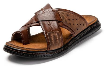 JOMIX Sandales Homme Cuir Tongs Hommes Sandales d'été Sandale d'intérieur Bande Croisée Confortables pour Mer Piscine Plage (Marron, 43)