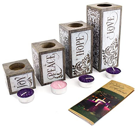 The Gifts of Christmas Adventskranz-Kerzenhalter aus Holz, Countdown bis Weihnachten, 4 Kerzen, Stumpenkerzenhalter (inkl. 4 Adventskerzen und Gebetsbroschüre)