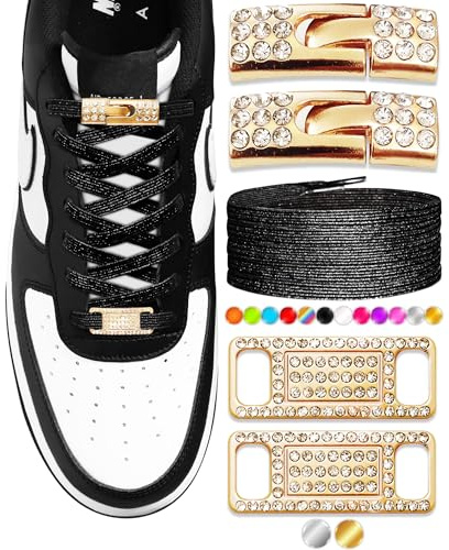 TOPPING STYLE Elastic No Tie Shoe Laces with Bling Diamond Locks & Charms for Women's Sneakers (02 Glitter Black- Gold)