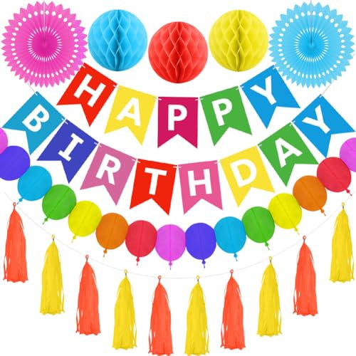 Rainbow Happy Birthday Banner Girls Boys Decorations Colourful Birthday Banners Honeycomb Balls Balloon Garland Paper Fan Paper Tassel Garland by RichMoho