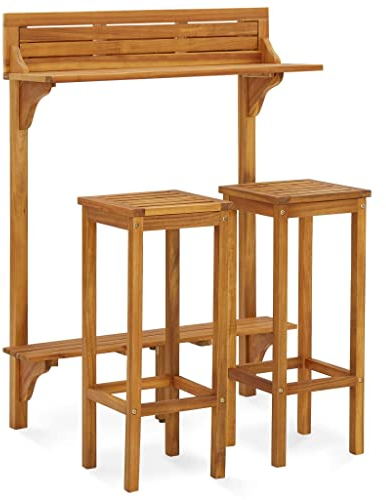 Makastle 3-TLG. Bartisch-Set, Balkon Bar Set mit 2 Barhockern, Küchentresen mit Barstühlen, Balkonset Bistroset Sitzgruppe Balkonmöbel, Massivholz Akazie