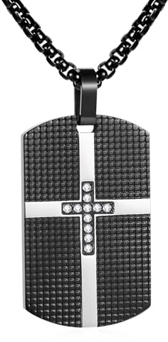 Cupimatch Halskette Herren Militär Erkennungsmarke: Glänzend Dog Tag Kette Edelstahl Kreuz Anhänger Christliche Hundemarke mit Zirkonia Hundeanhänger Religiöse Geschenke für Männer Vater, Schwarz