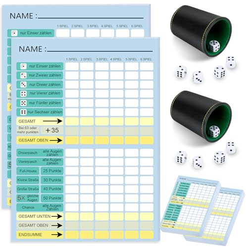 Würfel Spiel Set würfelbecher mit 5 würfeln mit Würfelspiel Block DIN A6 leder und Flexibler würfelbecher XXL würfelspiel gewinnkarten Spielblöcke für Würfelspiele für Kinder Erwachsene Familienspiel