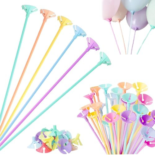 RXKFIGX 50 PCS Balloon Sticks Macaron-Color Balloon Holder Sticks, Reusable Balloons Sticks Holders with Cups for Balloons Party Decor Baby Shower Birthday Party Graduation Wedding